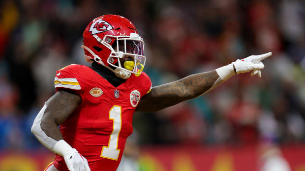 Nov 5, 2023; Frankfurt, Germany, ; Kansas City Chiefs running back Jerick McKinnon (1) celebrate after scoring a touchdown against the Miami Dolphins in the second quarter during an NFL International Series game at Deutsche Bank Park. Mandatory Credit: Nathan Ray Seebeck-USA TODAY Sports  
