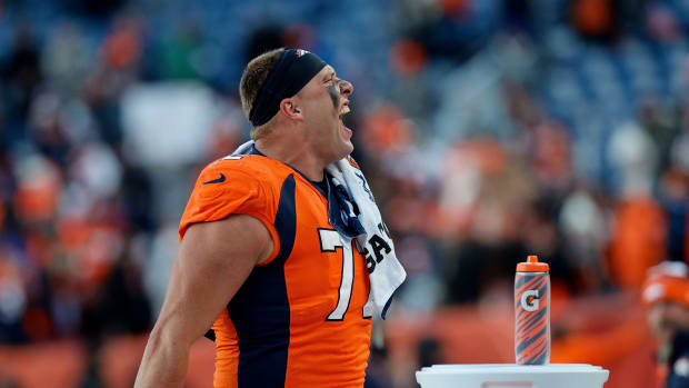 Denver Broncos offensive tackle Garett Bolles (72) reacts after the game against the Kansas City Chiefs at Empower Field at Mile High.