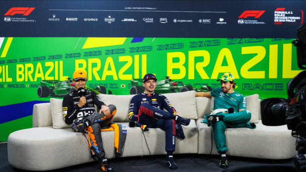 Brazil GP podium, from left, Lando Norris (runner-up), Max Verstappen (winner), Fernando Alonso (3rd place). Photo courtesy Formula One.