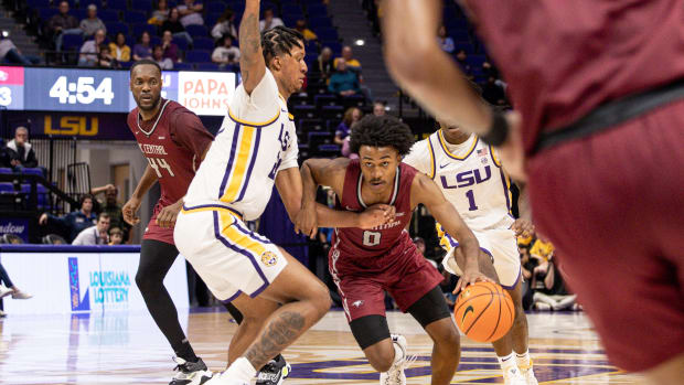 Dec 13, 2022; Baton Rouge, Louisiana, USA; North Carolina Central Eagles guard Fred Cleveland Jr. (0) brings the ball up court against the LSU Tigers during the second half at Pete Maravich Assembly Center. 