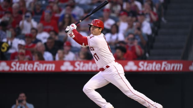 Angels superstar Shohei Ohtani (17) lines a ball during yet another MVP-caliber season (2023).