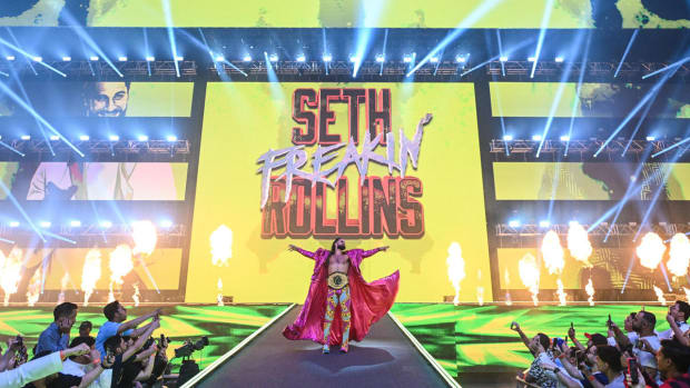 Seth Rollins makes his entrance at WWE Crown Jewel