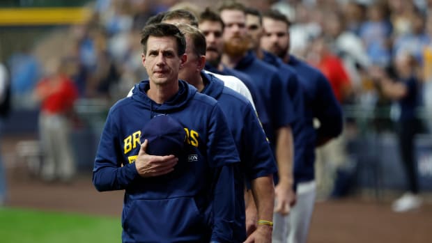 Oct 4, 2023; Milwaukee, Wisconsin, USA; Milwaukee Brewers manager Craig Counsell stands during the national anthem before game two against the Arizona Diamondbacks in the Wildcard series for the 2023 MLB playoffs at American Family Field.