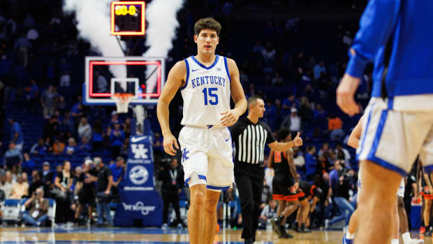 Oct 27, 2023; Lexington, KY, USA; Kentucky Wildcats guard Reed Sheppard (15) walks off the court after the game against the Georgetown Tigers at Rupp Arena. Mandatory Credit: Jordan Prather-USA TODAY Sports
