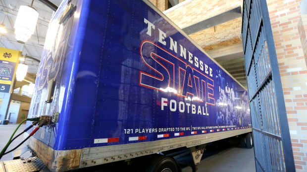 The Tennessee State University equipment truck sits Friday in Notre Dame Stadium. The Tigers took part in a walkthrough of Notre Dame Stadium in South Bend prior to Saturday s game against the Irish.