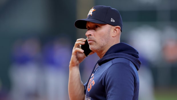 Oct 16, 2023; Houston, Texas, USA; Houston Astros bench coach Joe Espada (19) looks on before game two against the Texas Rangers in the ALCS for the 2023 MLB playoffs at Minute Maid Park. Mandatory Credit: Erik Williams-USA TODAY Sports