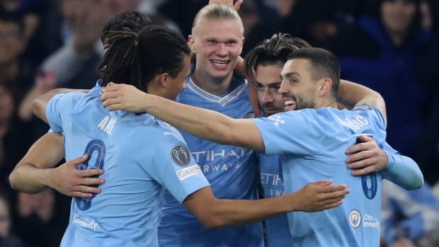 Manchester City's players pictured celebrating during a 3-0 win over Young Boys in November 2023
