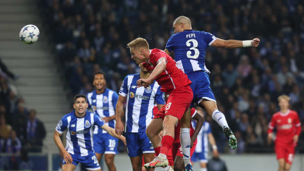 Pepe (no.3) pictured scoring for Porto against Royal Antwerp in November 2023 to become the oldest scorer in UEFA Champions League history at the age of 40 years and 254 days
