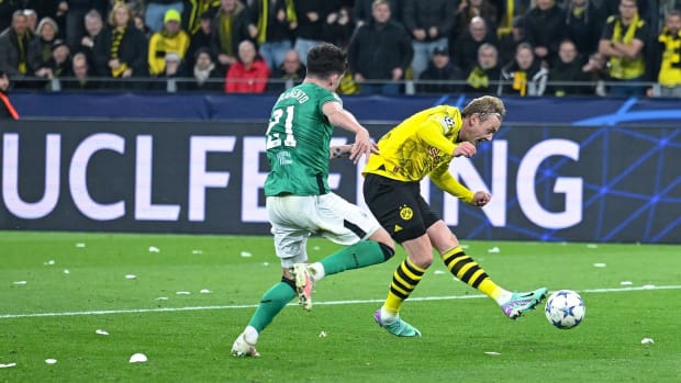 Julian Brandt pictured (right) scoring in Borussia Dortmund's 2-0 win over Newcastle in November 2023