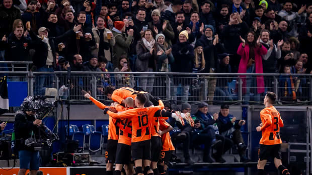 Players from Shakhtar Donetsk pictured celebrating during their 1-0 win over Barcelona in November 2023
