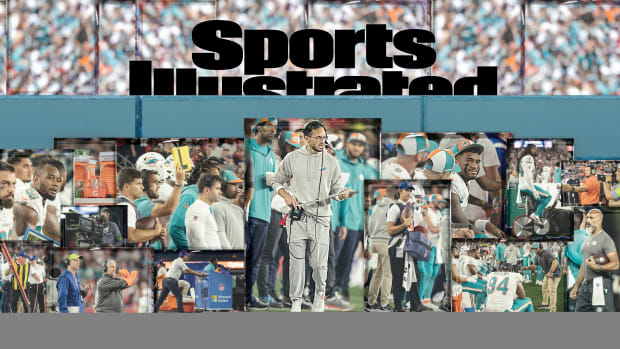 A collage of Dolphins’ sideline employees with Sports Illustrated logo overlayed on top