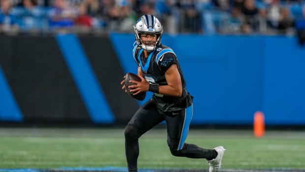 Nov 5, 2023; Charlotte, North Carolina, USA; Carolina Panthers quarterback Bryce Young (9) looks to pass during the second half against the Indianapolis Colts at Bank of America Stadium. Mandatory Credit: Jim Dedmon-USA TODAY Sports  