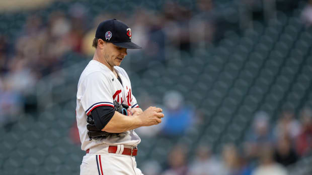 Sep 11, 2023; Minneapolis, Minnesota, USA; Minnesota Twins starting pitcher Sonny Gray (54) looks on after giving up a run against the Tampa Bay Rays in the first inning at Target Field. Mandatory Credit: Jesse Johnson-USA TODAY Sports
