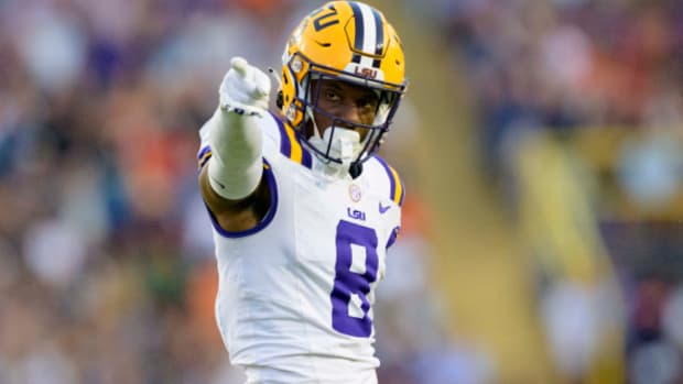 LSU Tigers wide receiver Malik Nabers after catching a pass during a college football game in the SEC.