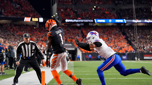 Cincinnati Bengals wide receiver Ja'Marr Chase (1) catches a pass in the end zone but the play is ruled not a catch in the first quarter of the NFL Week 9 game between the Cincinnati Bengals and the Buffalo Bills at Paycor Stadium in Cincinnati on Sunday, Nov. 5, 2023.