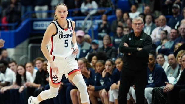 Nov 8, 2023; Hartford, Connecticut, USA; UConn Huskies guard Paige Bueckers (5) returns the ball against the Dayton Flyers in the first half at XL Center.