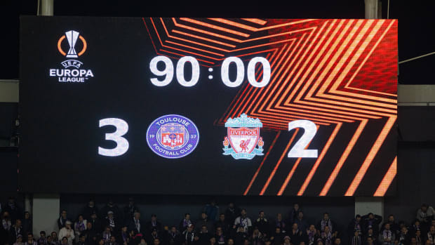 A photograph showing the scoreboard at the end of Liverpool's 3-2 loss at Toulouse in the UEFA Europa League in November 2023