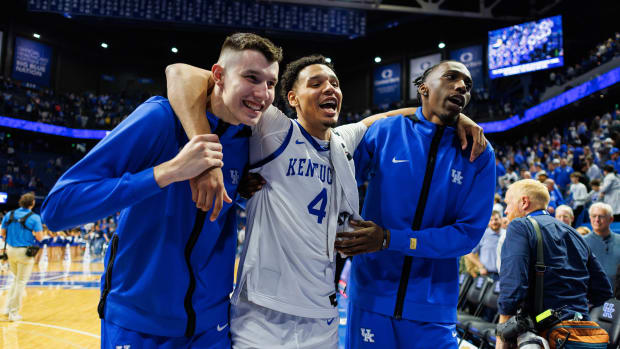 Nov 10, 2023; Lexington, Kentucky, USA; Kentucky Wildcats forward Zvonimir Ivisic (left), forward Tre Mitchell (middle) and forward Aaron Bradshaw (right) walk off the court after the game against the Texas A&M Commerce Lions at Rupp Arena at Central Bank Center. Mandatory Credit: Jordan Prather-USA TODAY Sports