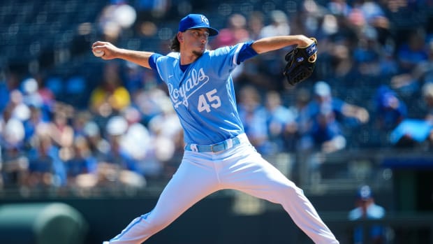 Sep 3, 2023; Kansas City, Missouri, USA; Kansas City Royals starting pitcher Taylor Clarke (45) pitches during the first inning against the Boston Red Sox at Kauffman Stadium.