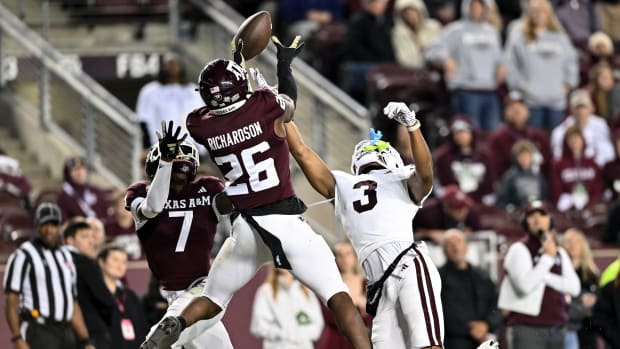 Nov 11, 2023; College Station, Texas, USA; Texas A&M Aggies defensive back Demani Richardson (26) breaks up a pass in the end zone intended for Mississippi State Bulldogs wide receiver Justin Robinson (3) at Kyle Field. 
