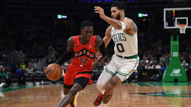 Toronto Raptors guard Dennis Schroder and Boston Celtics forward Jayson Tatum.