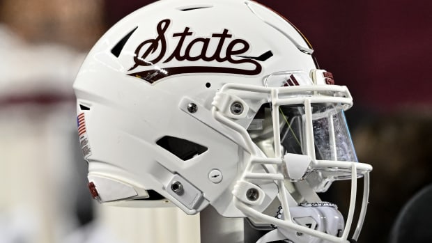 Mississippi State Bulldogs helmet on the sideline during the game against the Texas A&M Aggies at Kyle Field.