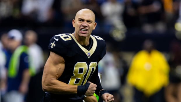 New Orleans Saints tight end Jimmy Graham (80) during the Who Dat chant.