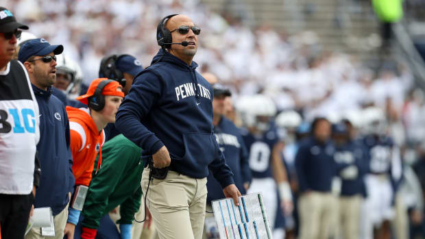 Penn State coach James Franklin on the sideline vs. the Michigan Wolverines at Beaver Stadium.