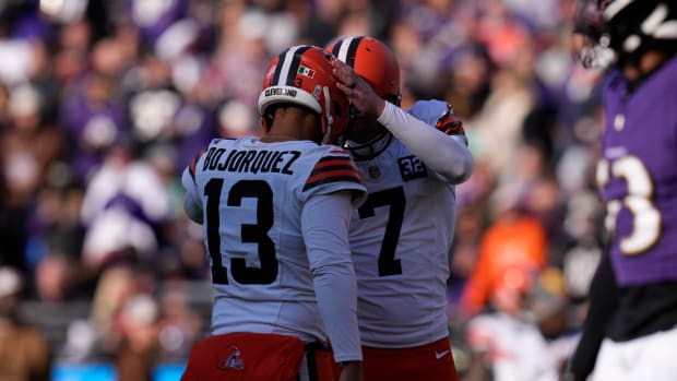 Nov 12, 2023; Baltimore, Maryland, USA; Cleveland Browns punter Corey Bojorquez (13) and place kicker Dustin Hopkins (7) celebrate after kicking a field goal against the Baltimore Ravens during the first half at M&T Bank Stadium. 