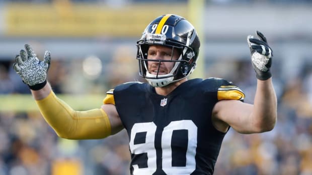 T.J. Watt reacts after a play against the Packers.
