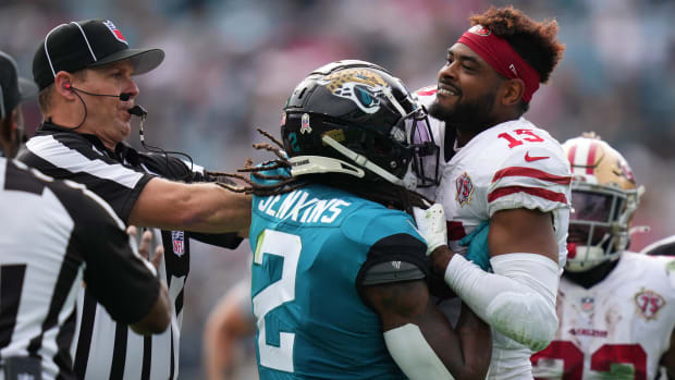 Nov 21, 2021; Jacksonville, Florida, USA; Jacksonville Jaguars free safety Rayshawn Jenkins (2) fights with San Francisco 49ers wide receiver Jauan Jennings (15), Jenkins would be disqualified from the game from a personal foul penalty during the first half at TIAA Bank Field. Mandatory Credit: Jasen Vinlove-USA TODAY Sports  