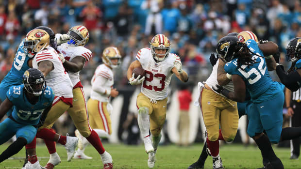 San Francisco 49ers running back Christian McCaffrey (23) rushes for yards during the third quarter of an NFL football game Sunday, Nov. 12, 2023 at EverBank Stadium in Jacksonville, Fla. The San Francisco 49ers defeated the Jacksonville Jaguars 34-3. [Corey Perrine/Florida Times-Union