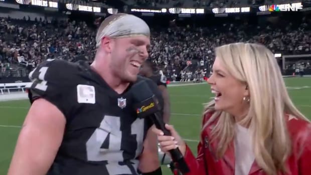 Raiders LB  Robert Spillane Shares Awesome Family News in Electric Postgame Interview