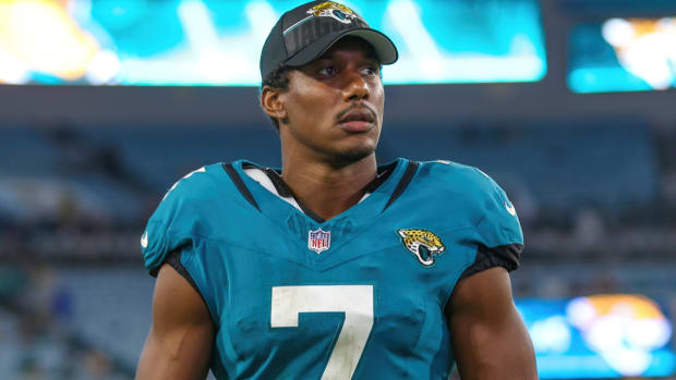 FILE - Jacksonville Jaguars wide receiver Zay Jones leaves the field after an NFL pre-season football game against the Miami Dolphins, Aug. 26, 2023, in Jacksonville, Fla. Jones was arrested on a misdemeanor domestic battery charge Monday, Nov. 13. (AP Photo/Gary McCullough, File)   