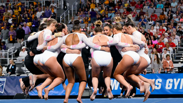 Apr 15, 2023; Fort Worth, TX, USA; The University of Utah Utes prepare to perform during the NCAA Women's National Gymnastics Tournament Championship at Dickies Arena. Mandatory Credit: Jerome Miron-USA TODAY Sports