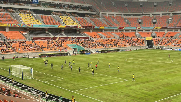 A photo taken during Brazil's 9-0 win over New Caledonia at the U17 World Cup in November 2023