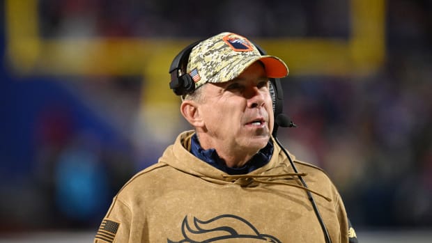 Nov 13, 2023; Orchard Park, New York, USA; Denver Broncos head coach Sean Payton looks to the scoreboard in the second quarter game against the Buffalo Bills at Highmark Stadium.