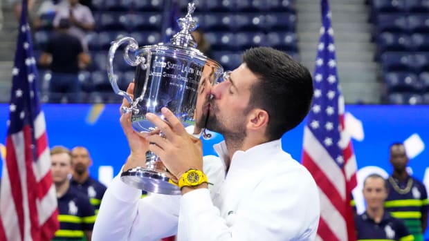 Novak Djokovic celebrates US Open win.