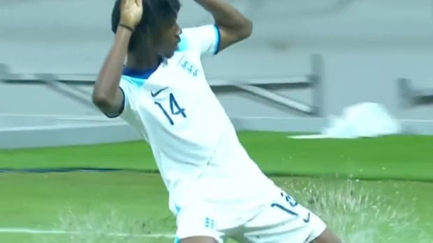 Reiss-Alexander Russell-Denny pictured celebrating after scoring a goal for England against Iran at the 2023 FIFA U17 World Cup