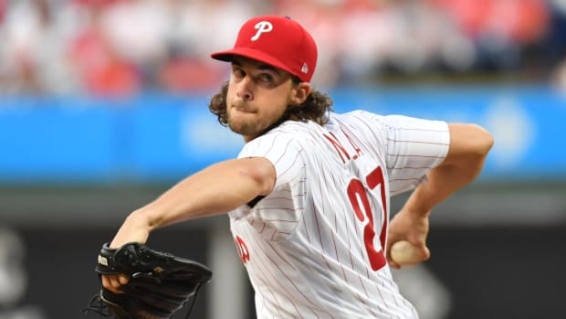 Philadelphia Phillies starting pitcher Aaron Nola throws a pitch during the second inning against the SF Giants at Citizens Bank Park. (2023)