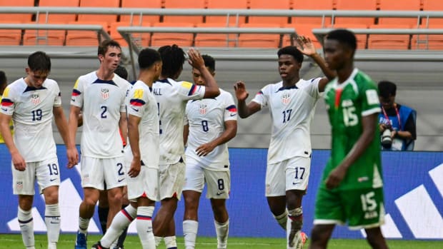Keyrol Figueroa pictured (no.17) celebrating after scoring a goal for the USA against Burkina Faso at the 2023 FIFA U17 World Cup