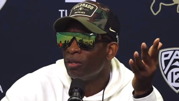 Deion Sanders talking to the media in a press conference on Nov. 14