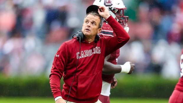 South Carolina Gamecocks head coach Shane Beamer directs his team against the Vanderbilt Commodores in the second half at Williams-Brice Stadium.