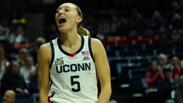 Nov 4, 2023; Storrs, CT, USA; UConn Huskies guard Paige Bueckers (5) reacts after her basket against the Southern Connecticut State University in the first half at Gampel Pavillion.