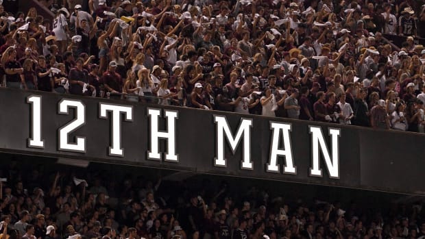 Sep 17, 2022; College Station, Texas, USA; A view of the fans and students and Cadet Corp and the12th Man logo during the game between the Texas A&M Aggies and the Miami Hurricanes at Kyle Field. Mandatory Credit: Jerome Miron-USA TODAY Sports
