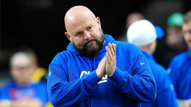 Nov 5, 2023; Paradise, Nevada, USA; New York Giants head coach Brian Daboll takes the field before the start of a game against the Las Vegas Raiders at Allegiant Stadium.