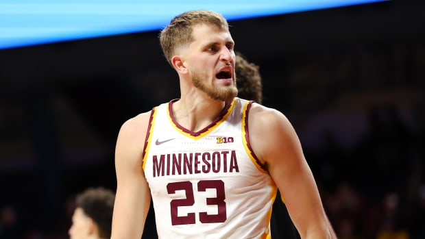Nov 6, 2023; Minneapolis, Minnesota, USA; Minnesota Golden Gophers forward Parker Fox (23) reacts during the second half against the Bethune-Cookman Wildcats at Williams Arena.