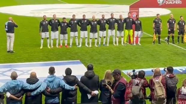 Israel's players pictured singing their national anthem before drawing 1-1 with Switzerland in a Euro 2024 qualifier in November 2023