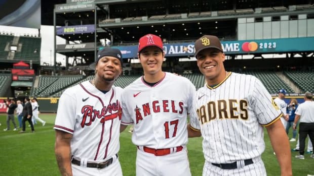 Ronald Acuña Jr, Shohei Ohtani, and Juan Soto pose for photos at the 2023 All Star Game in Seattle