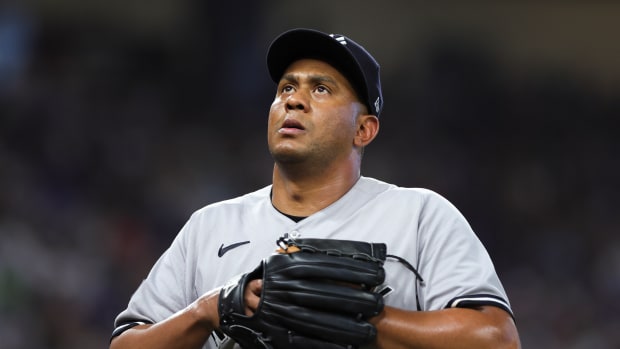 Aug 13, 2023; Miami, Florida, USA; New York Yankees relief pitcher Wandy Peralta (58) looks on as he leaves the game against the Miami Marlins during the eighth inning at loanDepot Park. Mandatory Credit: Sam Navarro-USA TODAY Sports